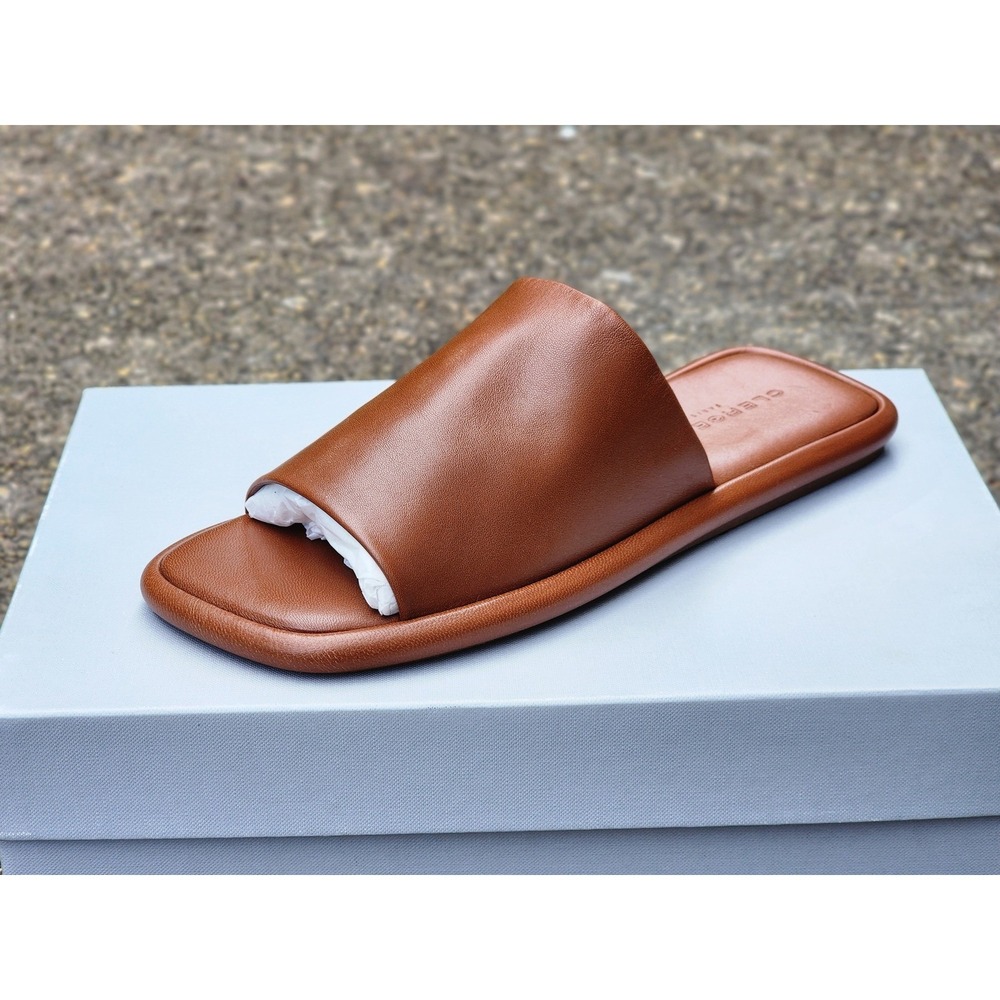 CLERGERIE PARIS‎ Ezy Cognac Leather Flat Slide Sandals Square Toe Size 37 NEW